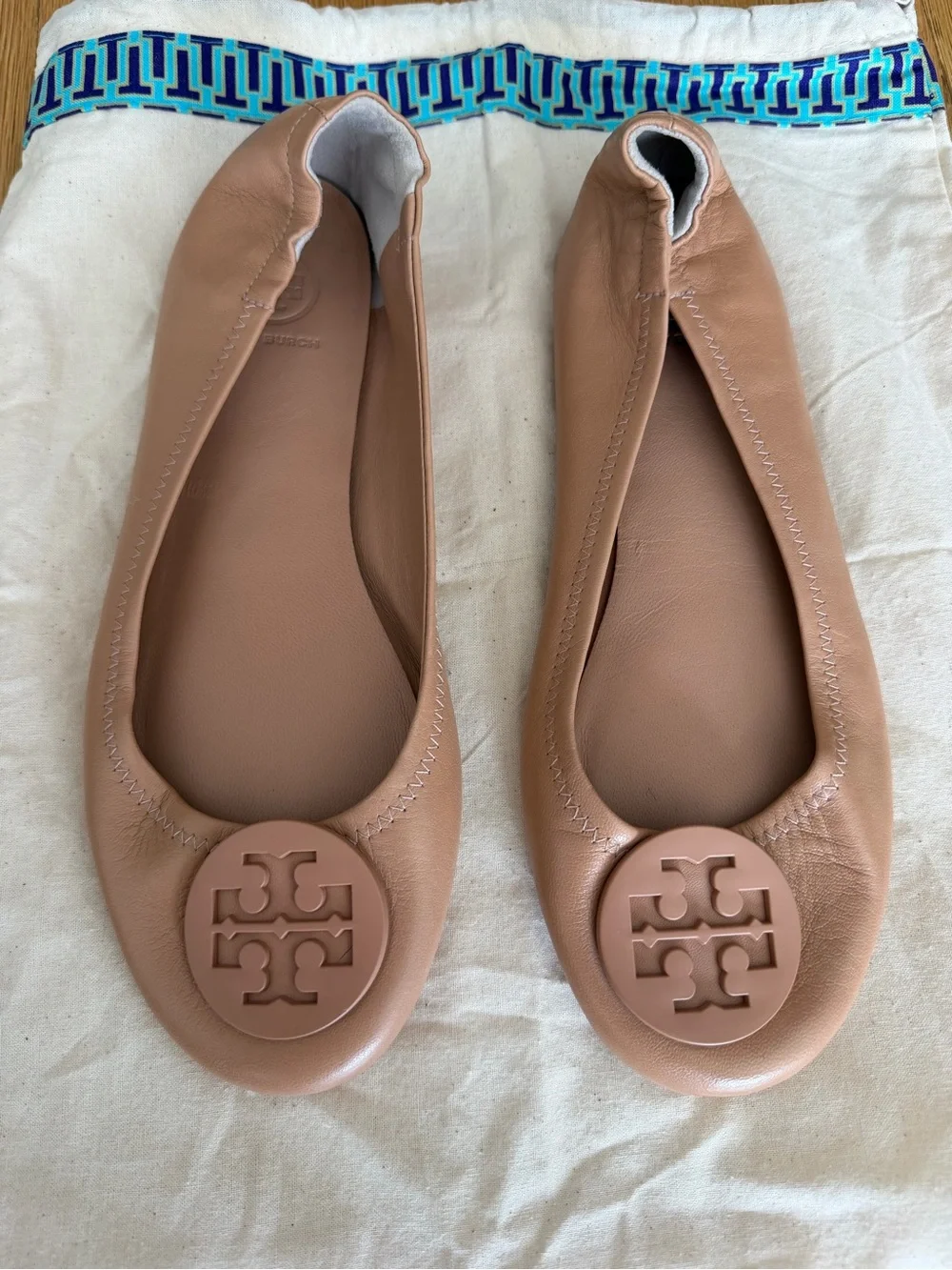 Tory Burch Blush Tan Leather Logo Ballet Flats